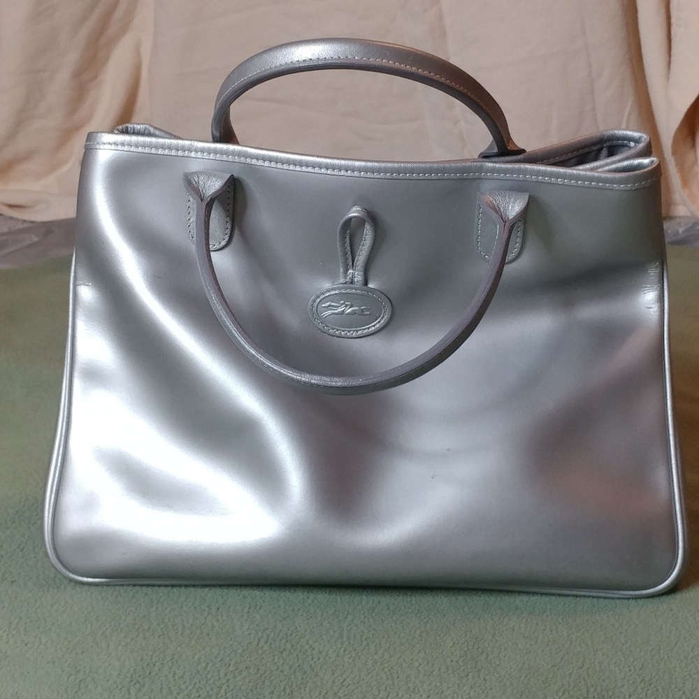 Used Longchamp metallic silver leather bag